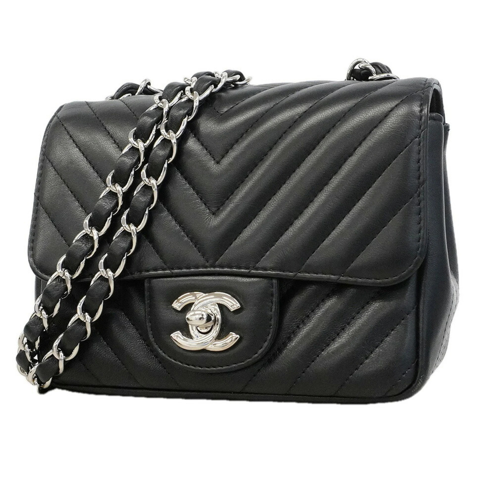 Chanel Shoulder Bag, Chain Shoulder, Chevron Lambskin, Black, Women's OP019350
